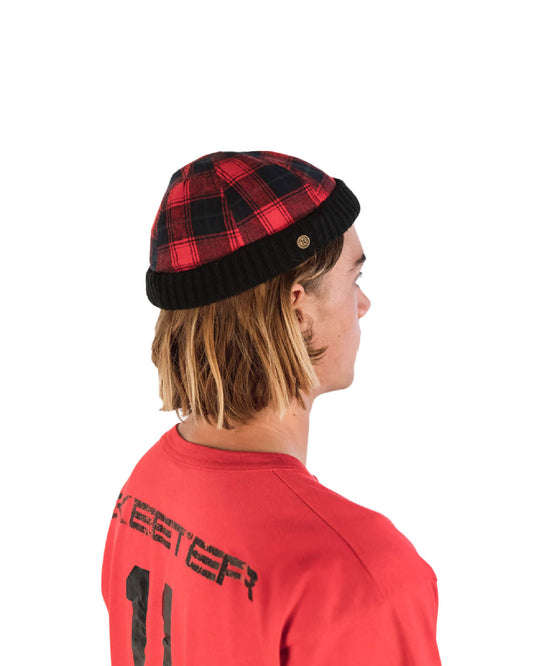FallenBROKENstreet New Yorker Cap in red tartan. Vintage-inspired paperboy hat with quilted interior and structured fit. Crafted for comfort and everyday wear.