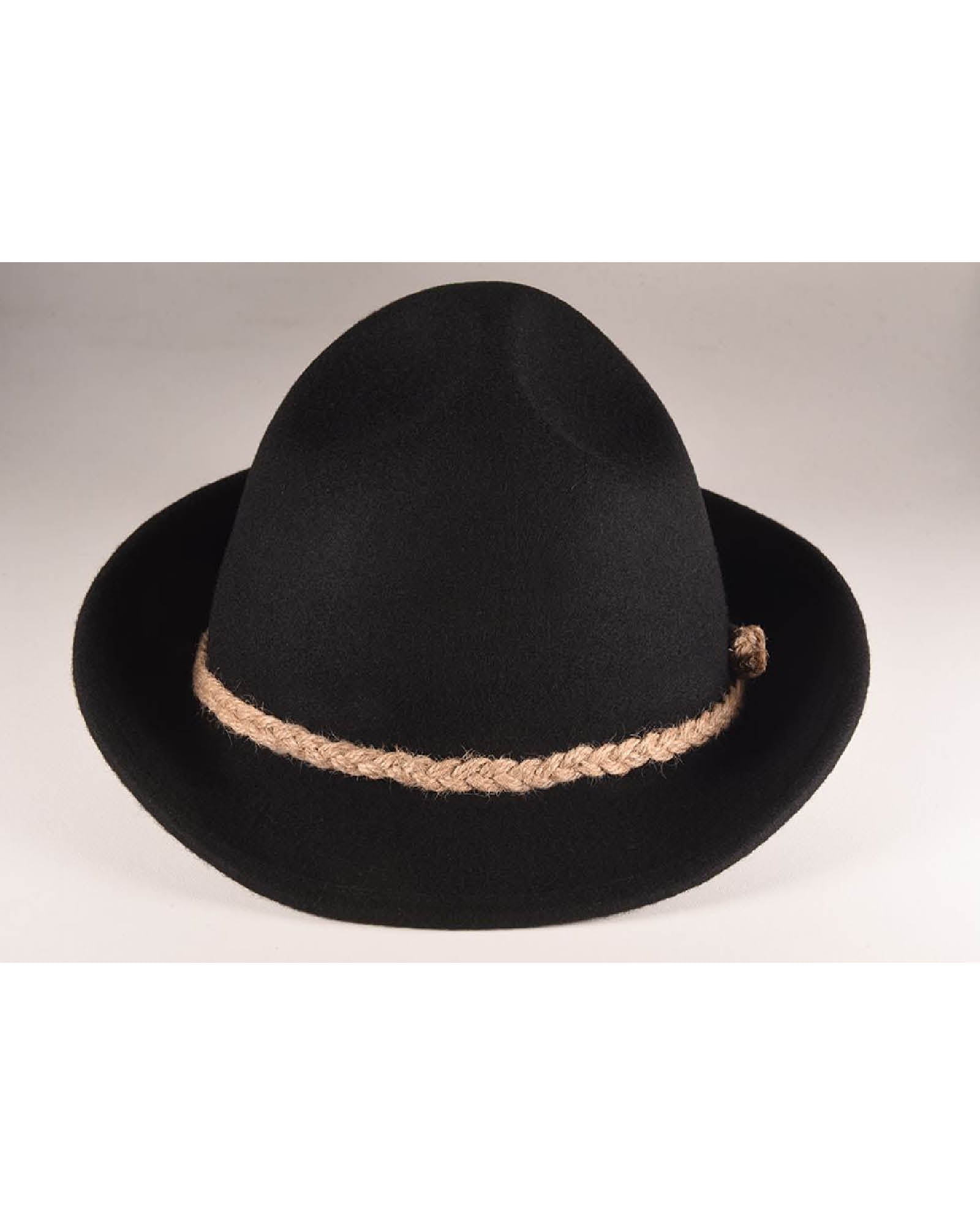 Black wool felt hat with a domed crown and a wide, curved brim. Features a braided rope band and subtle branded metal button detail. Styled alone on a grey backdrop to highlight the hat’s clean silhouette.