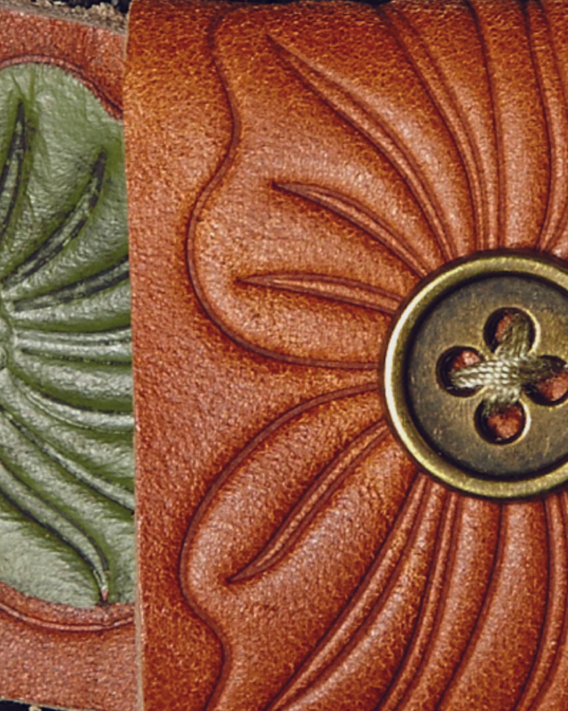 Embossed leather band with floral detailing and metal button on The Wanderer hat – Fallenbrokenstreet.