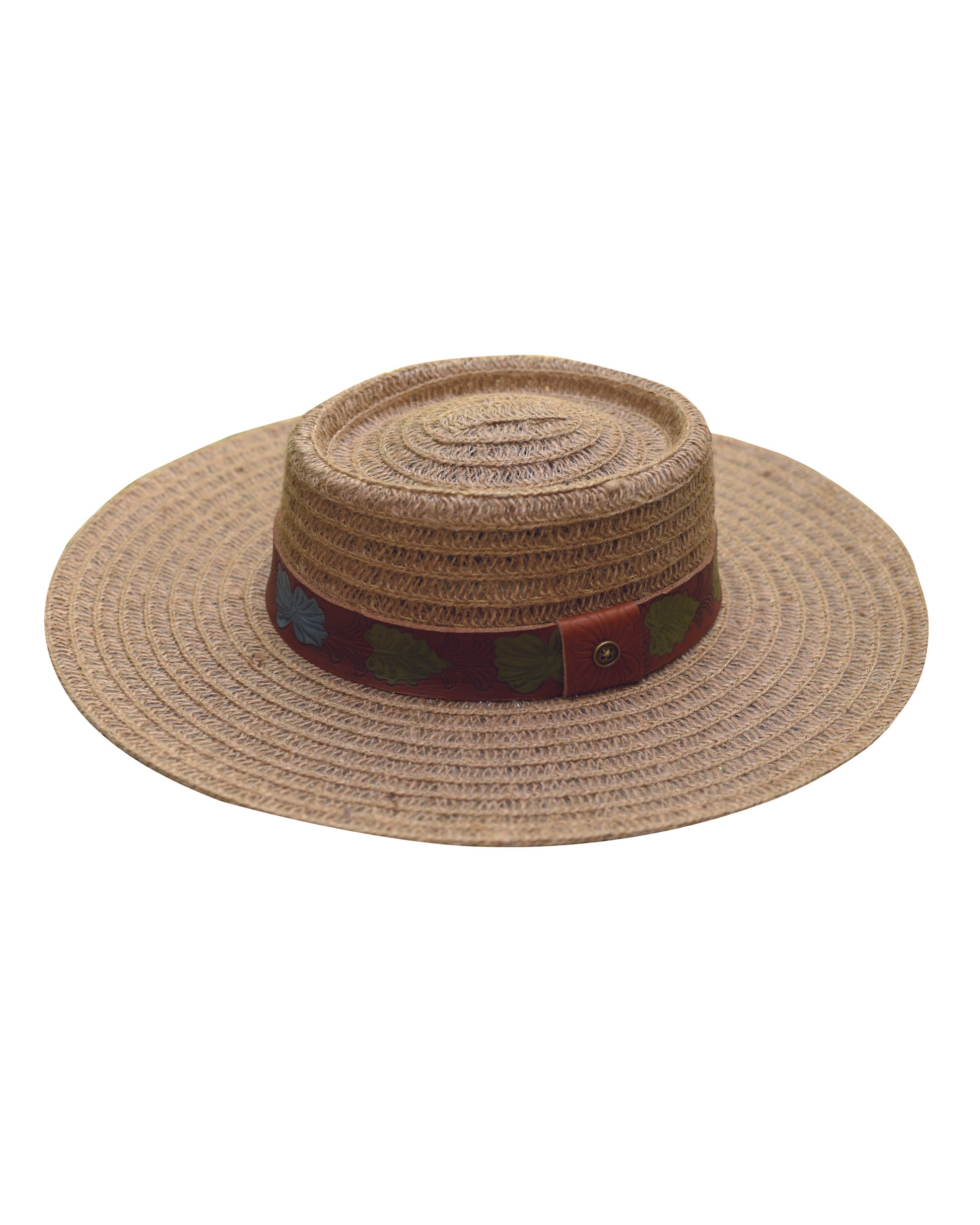 Wide brim straw hat with flat crown and hand-painted leather band – The Wanderer by Fallenbrokenstreet.