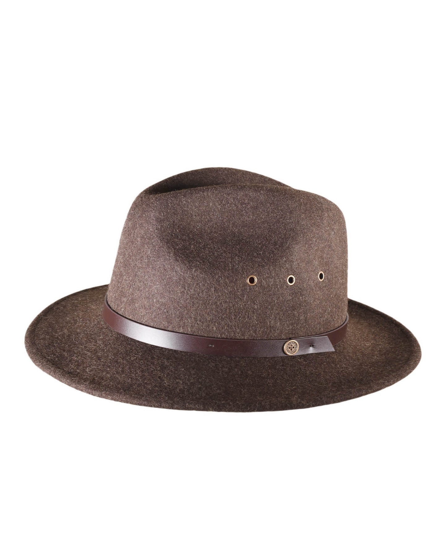 The Crushable Ratatat Felt Hat – Mottle Brown by FallenBROKENstreet. Foldable 100% Australian wool fedora with leather band, cotton inner band, and UPF 50+ rating.