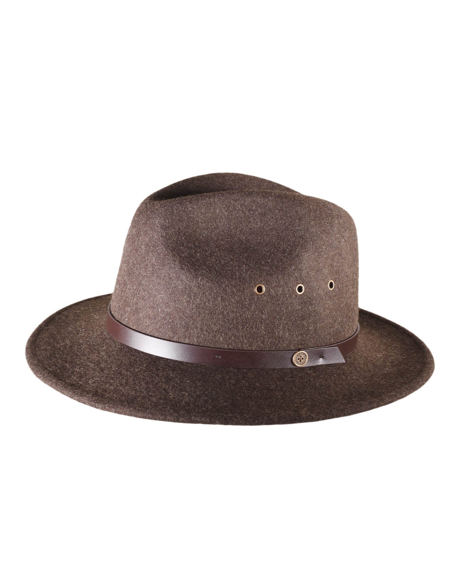 The Crushable Ratatat Felt Hat – Mottle Brown by FallenBROKENstreet. Foldable 100% Australian wool fedora with leather band, cotton inner band, and UPF 50+ rating.
