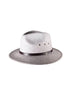 A mottled grey felt hat with a brown leather band and metal button, unisex design.