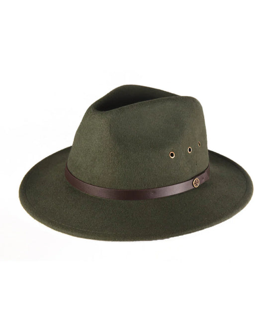 front view Kids forest green wool felt fedora with leather band, brass button, and side eyelets – The Ratatat by Fallenbrokenstreet.