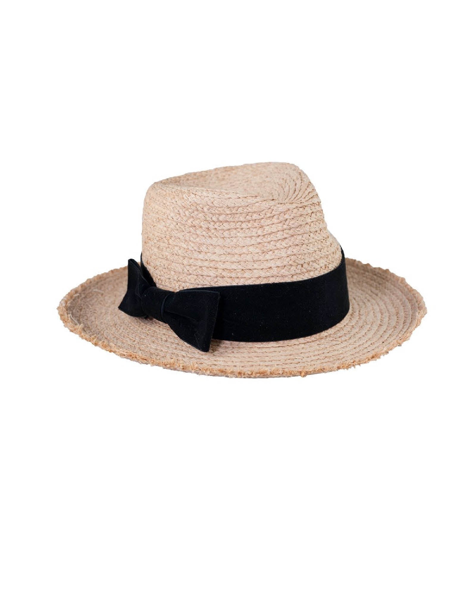 River Straw Hat Natural, woven straw with black velvet bow, leather inner band, and silky lining.