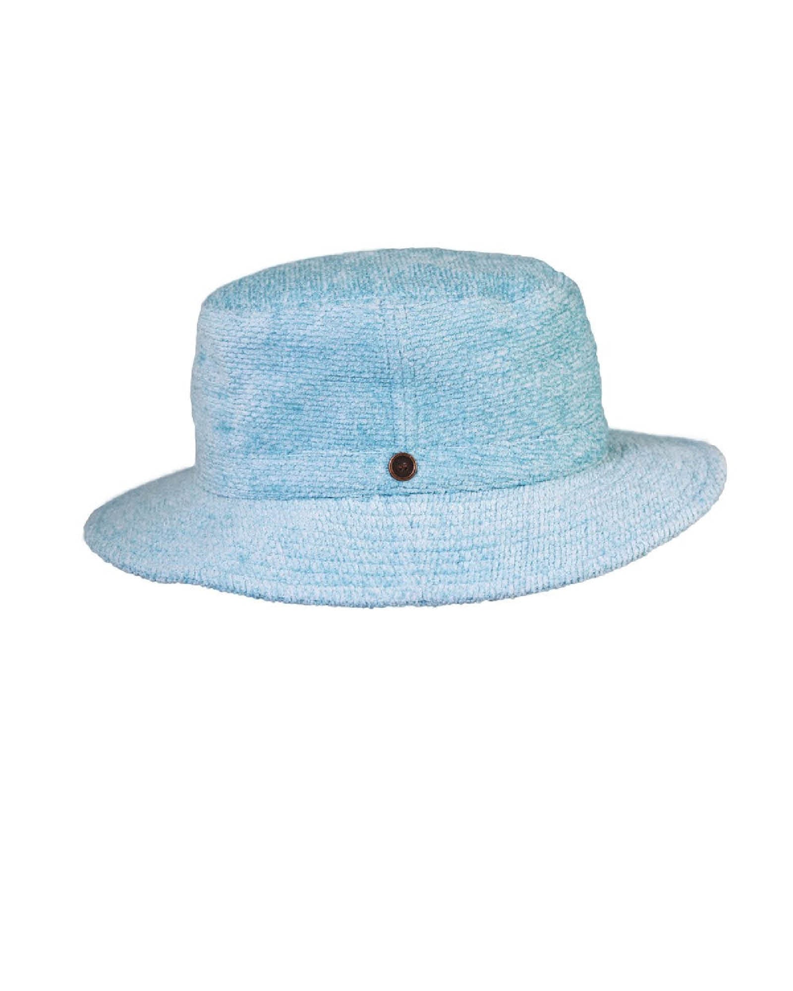 Saturday Bucket Hat – Kids – Blue. Cotton chenille with UPF 50+, wide brim and cotton inner band. Summer travel essential, 53.5cm.
