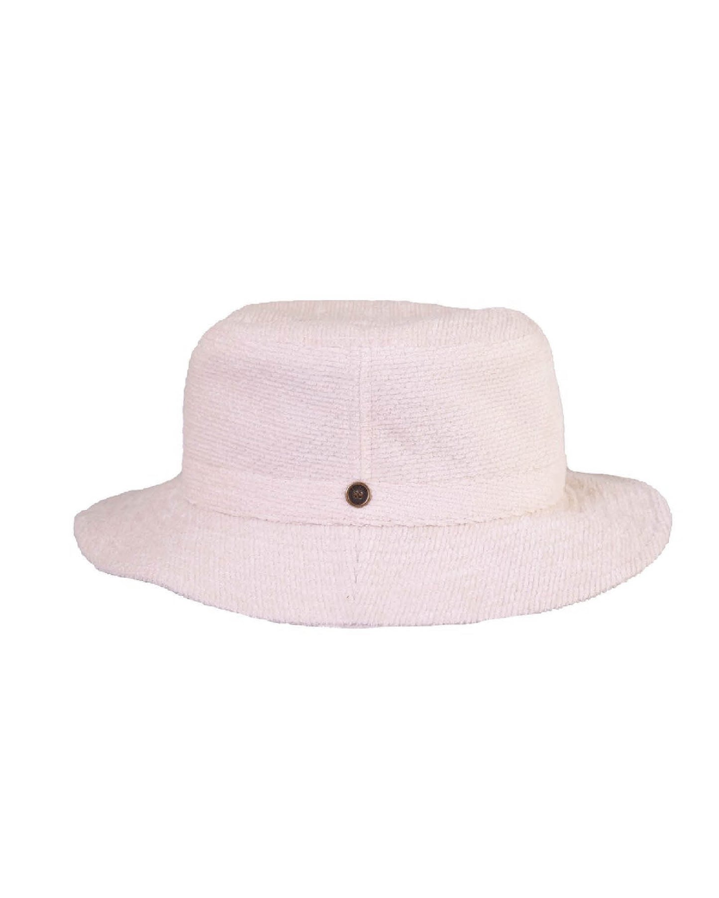 Side view of the Saturday Bucket Hat – White. Cotton chenille hat with UPF 50+ rating, wide brim, and cotton inner band. Lightweight, breathable, and unisex, this white bucket hat is perfect for coastal adventures, festivals, and travel.