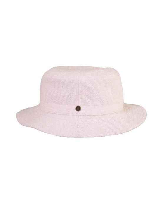 Side view of the Saturday Bucket Hat – White. Cotton chenille hat with UPF 50+ rating, wide brim, and cotton inner band. Lightweight, breathable, and unisex, this white bucket hat is perfect for coastal adventures, festivals, and travel.