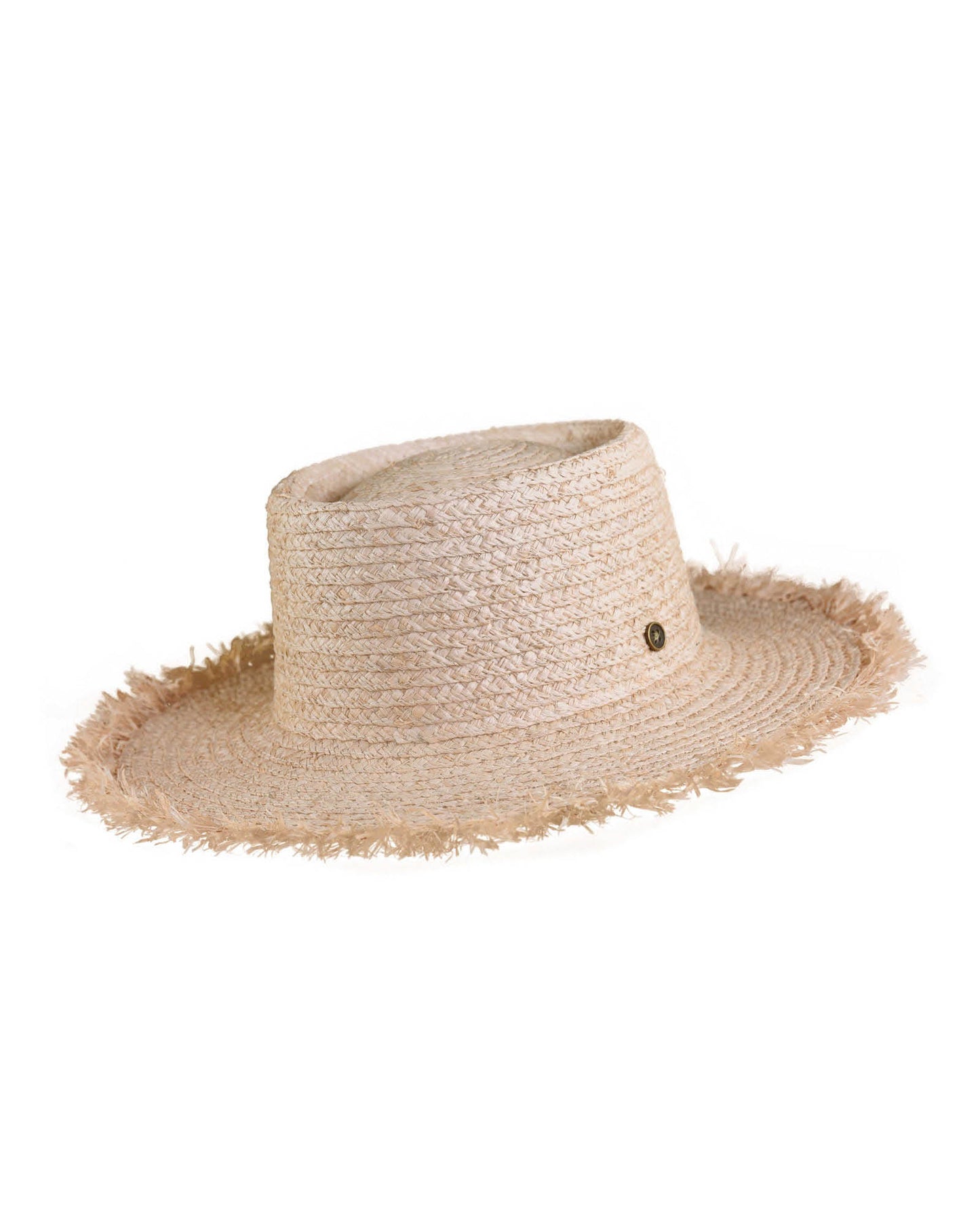 Studio shot of The Seeker Straw Hat by FallenBROKENstreet, featuring natural raffia straw construction, frayed edge brim, and signature metal button detail—ideal for sun protection and summer styling.