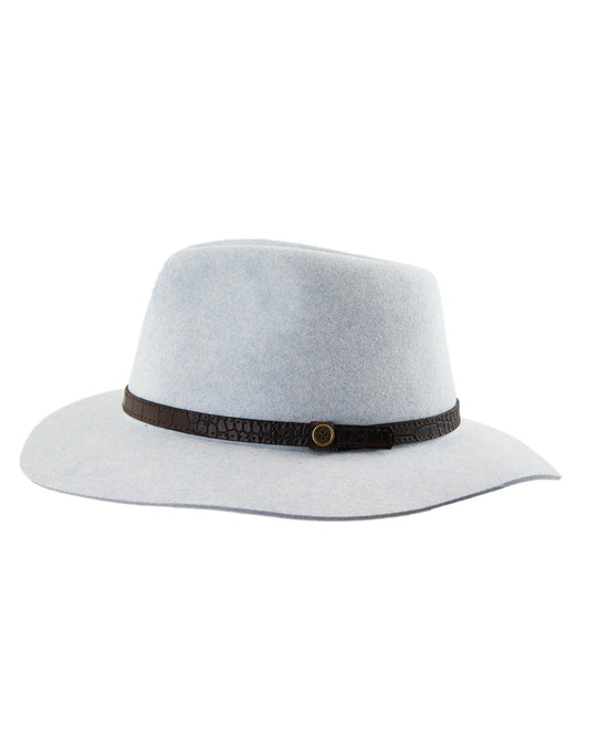 Mottle blue wool felt fedora with dark leather band and wide brim – The Dingo by Fallenbrokenstreet. Side View