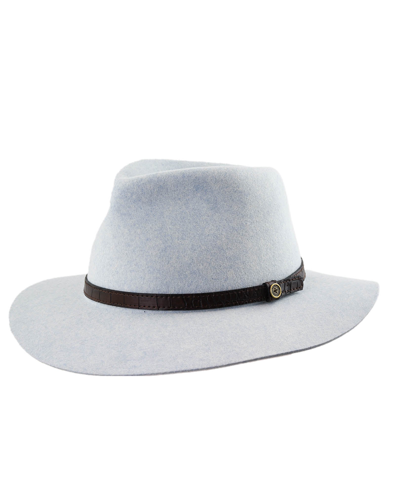 Mottle blue wool felt fedora with dark leather band and wide brim – The Dingo by Fallenbrokenstreet.