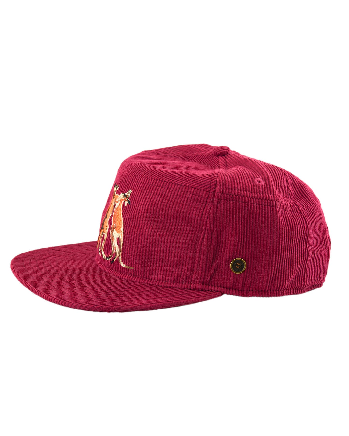 side view Kids red corduroy snapback with boxing kangaroo embroidery, flat brim, and secret inner pocket – Fallenbrokenstreet.