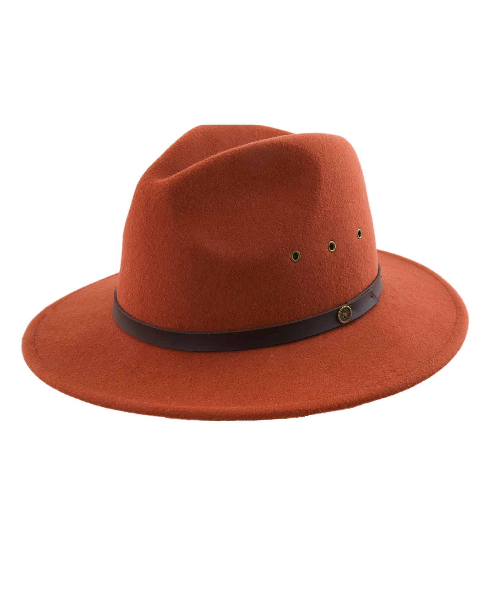 The Ratatat Felt Hat – Rust by FallenBROKENstreet. Australian wool felt fedora with leather band, metal button, and cotton inner band. Unisex structured design in warm rust tone.