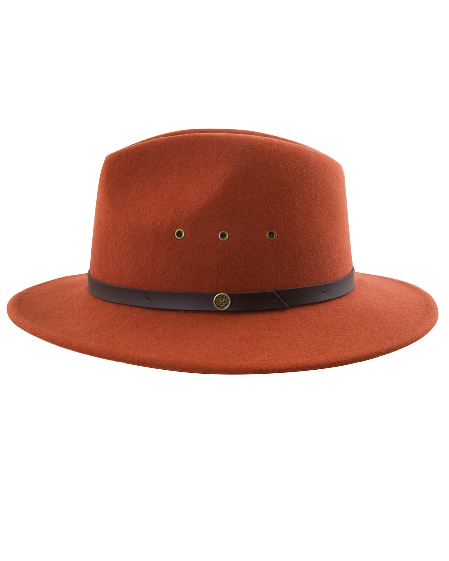 FallenBROKENstreet Ratatat Felt Hat – Rust photographed at The David Bromley Estate. Wool felt fedora with wide brim and handcrafted detailing.