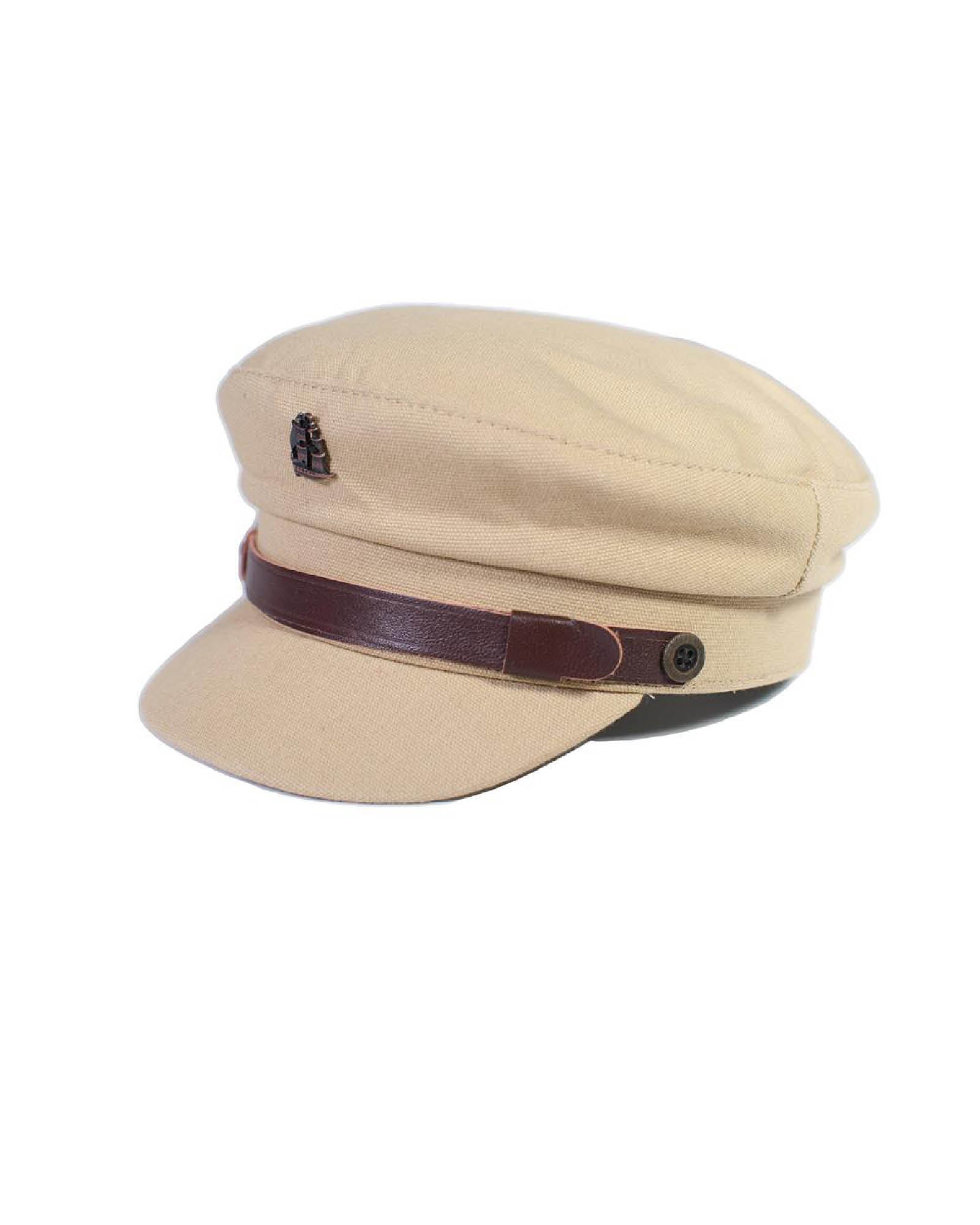 The Sea Cap – Cream by FallenBROKENstreet. Canvas sailor-style hat with leather band and metal ship detail. Structured 5 cm brim and leather inner band. A unisex maritime-inspired accessory with timeless coastal charm.