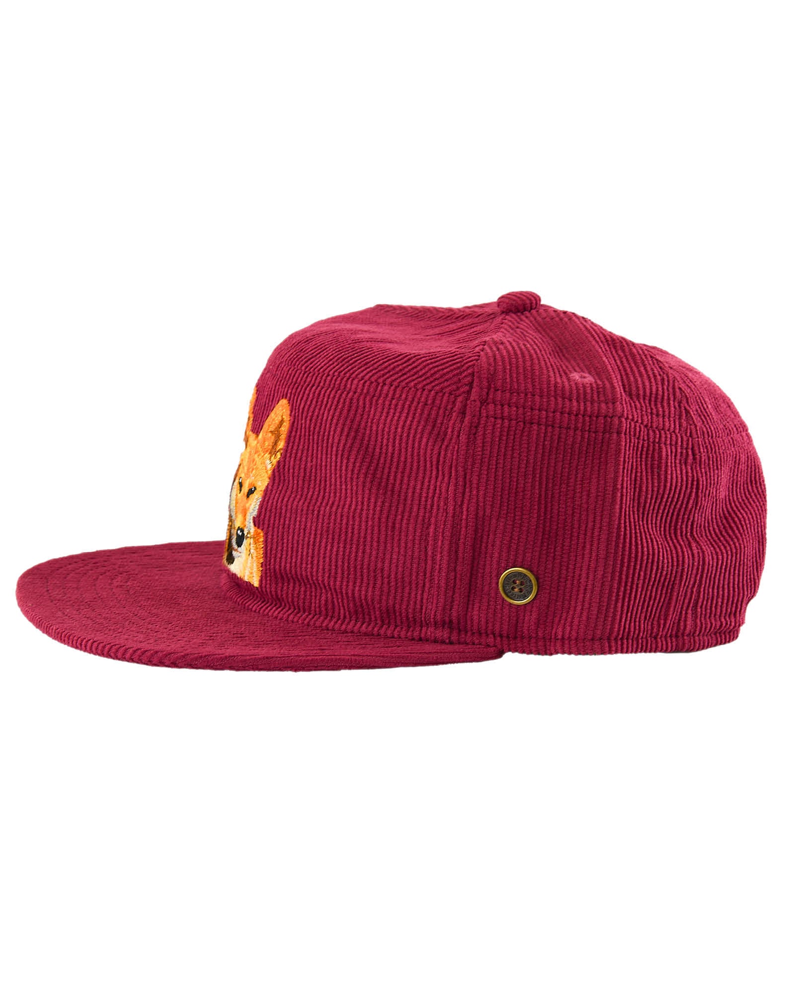 full side view Kids red corduroy snapback hat with detailed dingo embroidery on the front and flat brim – Fallenbrokenstreet kids cap.