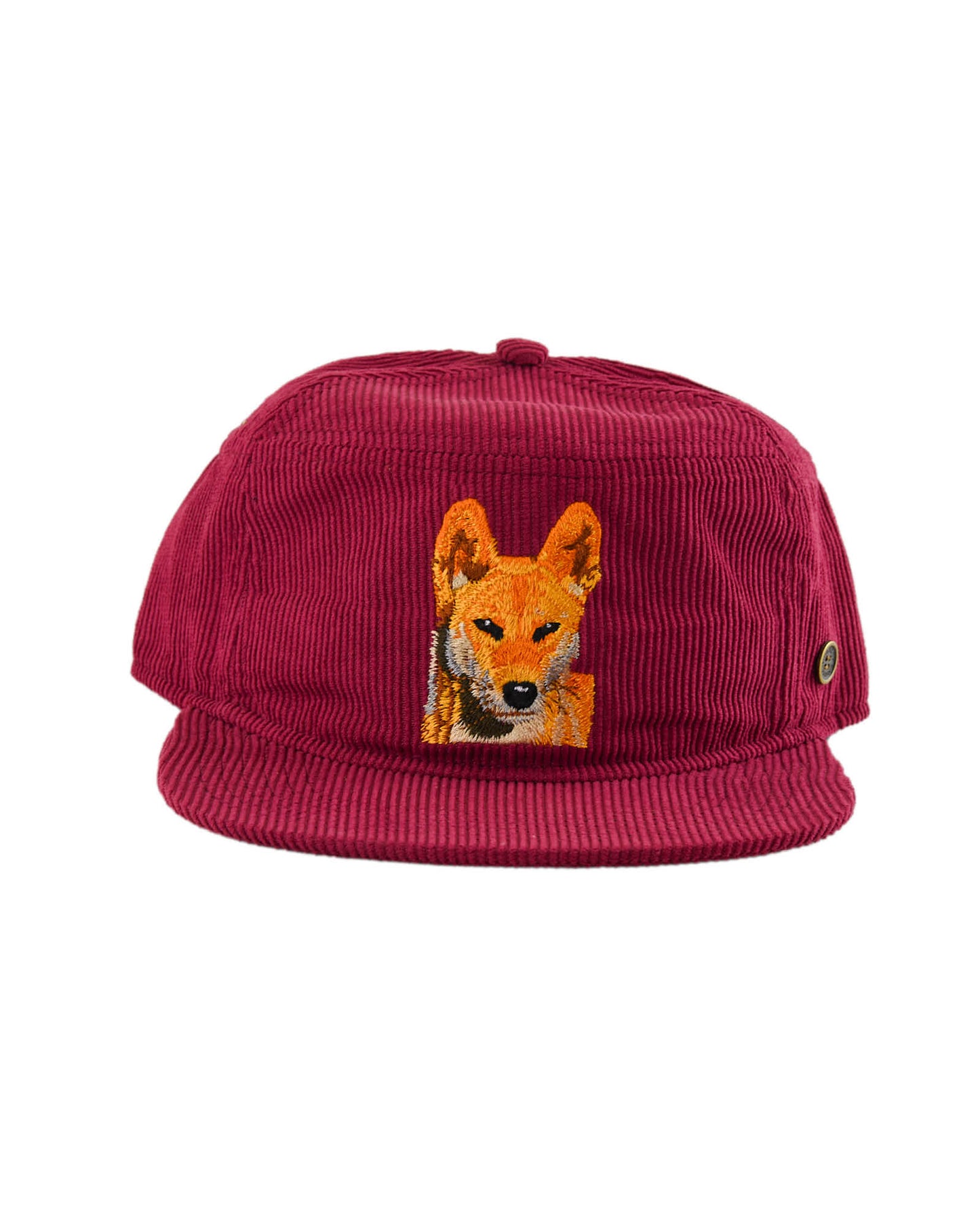 front view Kids red corduroy snapback hat with detailed dingo embroidery on the front and flat brim – Fallenbrokenstreet kids cap.