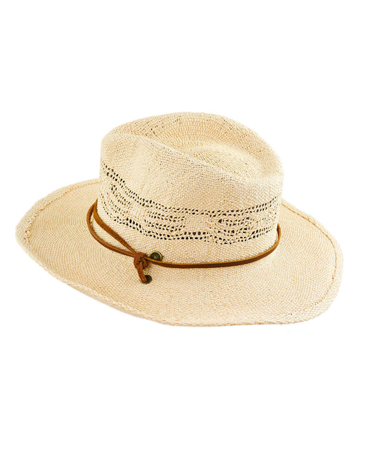 side view Lightweight vented straw hat with leather chin strap and curved brim – The Outrider by Fallenbrokenstreet.