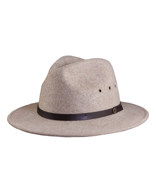Side view of The RataTat Felt Hat in Fawn, highlighting the classic silhouette, wool felt texture, and curved brim. Designed for durability, packability, and relaxed styling with Australian sun-safe protection.