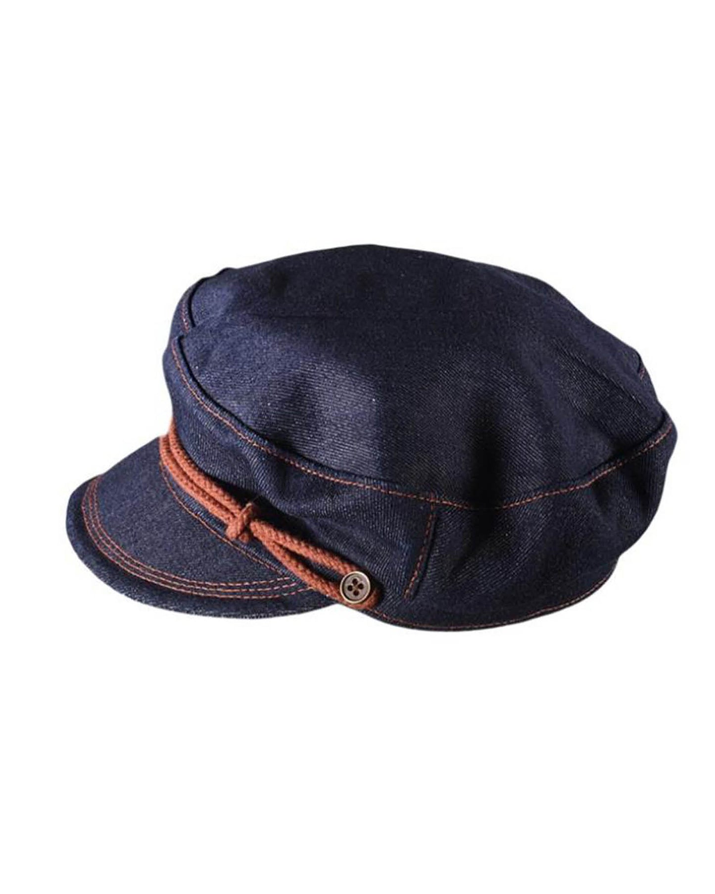 The Original Kyte Cap – Dark Indigo by FallenBROKENstreet. Denim fisherman’s cap with contrast rope detail, brass studs, and soft leather inner band.