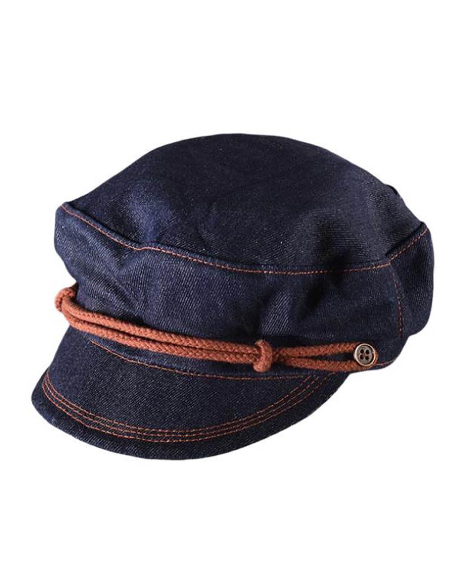 FallenBROKENstreet Kyte Cap in dark indigo cotton denim. Classic fisherman’s style with rope trim and brass button accents.