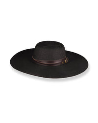 Black straw hat with a brown band on a white background