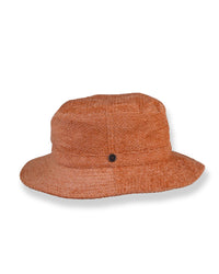 Side angle of Saturday Bucket Hat – Tangerine by FallenBROKENstreet. Wide brim cotton chenille hat with UPF 50+ rating and cotton inner band for comfort. Vibrant summer hat in tangerine, designed for breathability, durability, and effortless festival or beachwear.