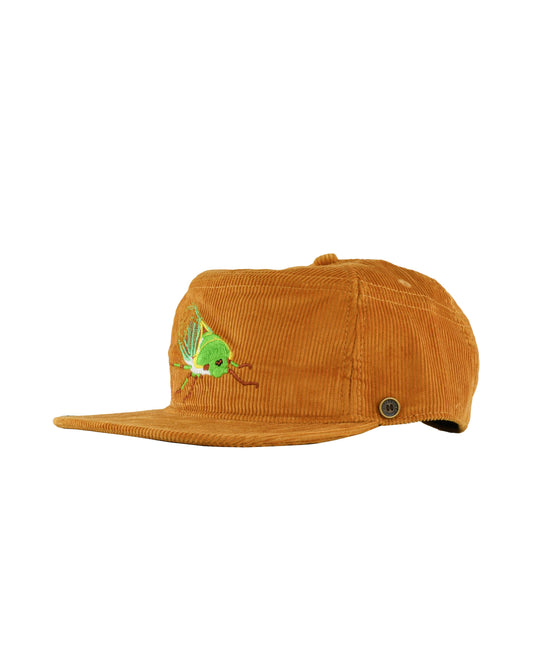 side view  of mustard corduroy Stash Cap with cicada embroidery by Fallenbrokenstreet