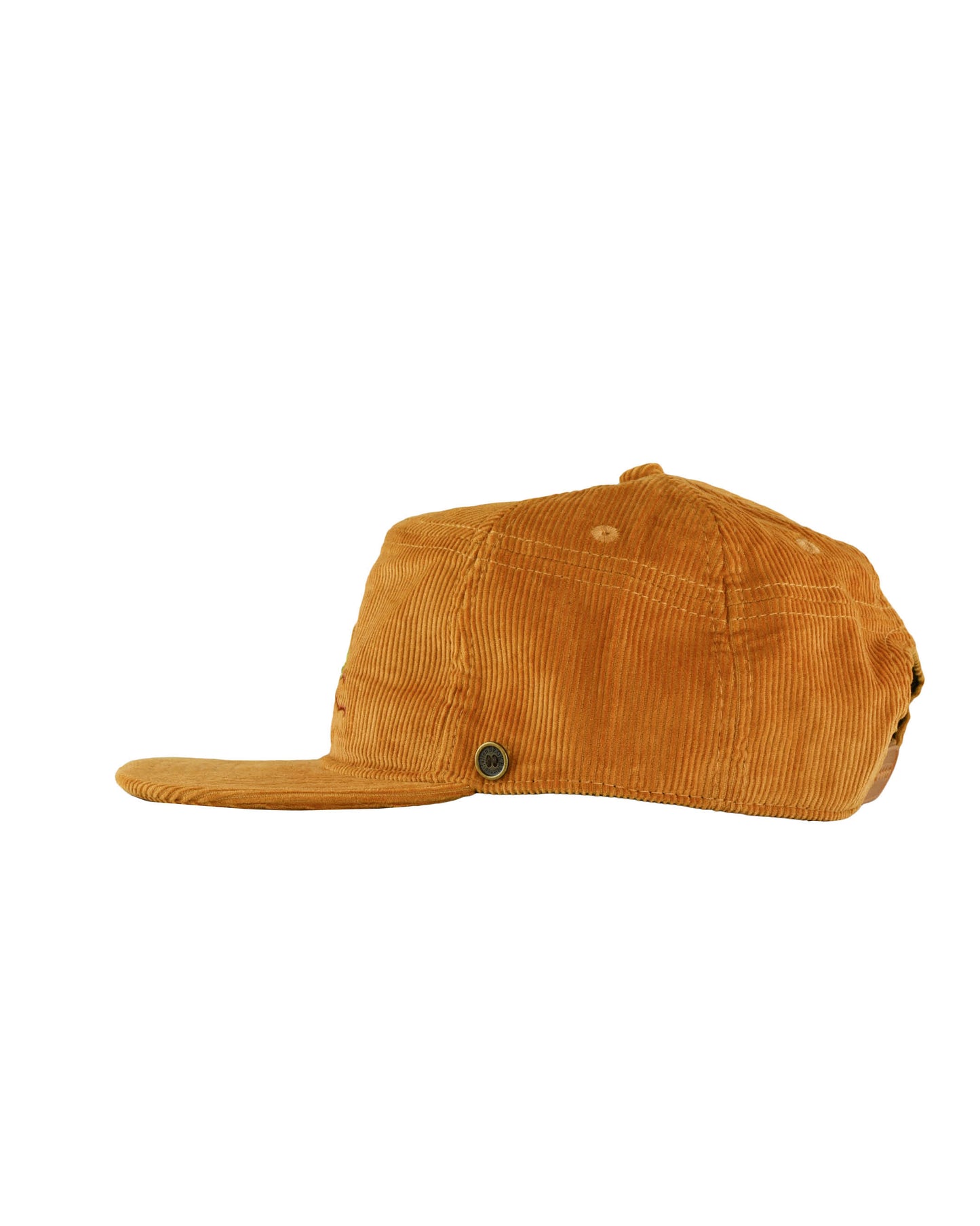 full side view of mustard corduroy Stash Cap with cicada embroidery by Fallenbrokenstreet