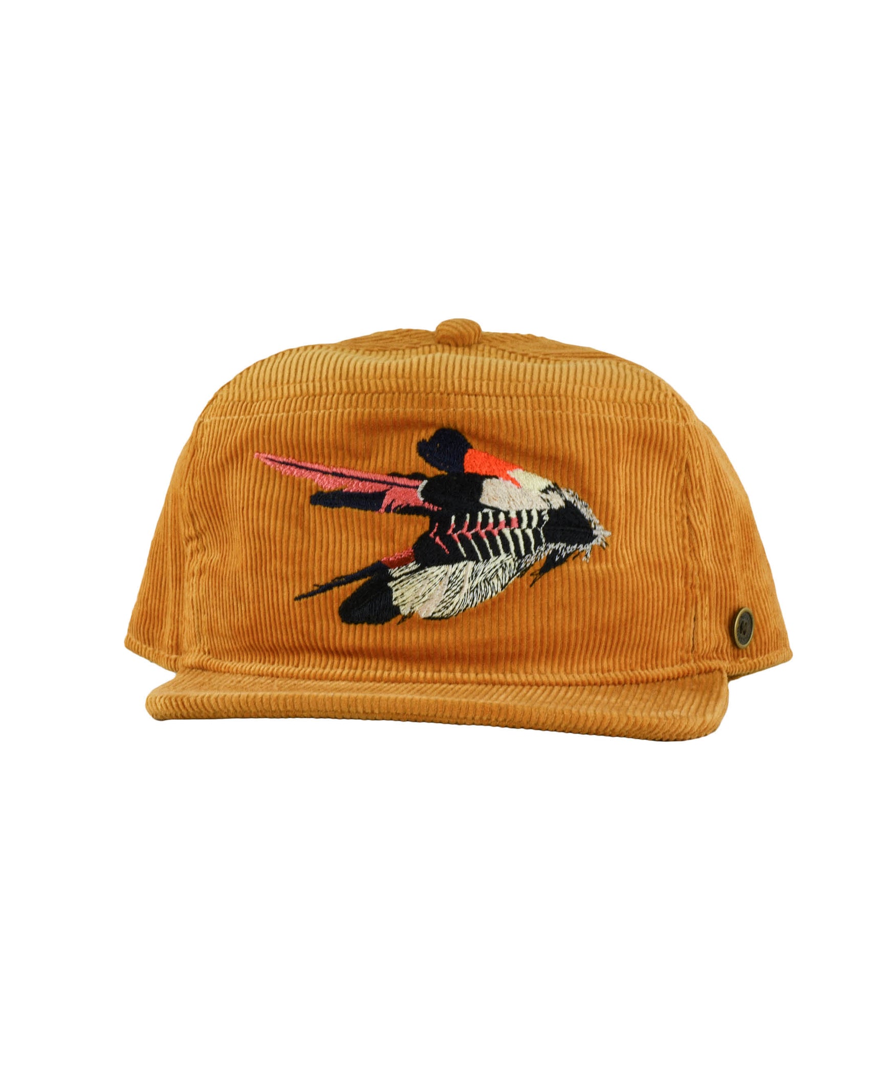 Front view of mustard corduroy cap with cockatoo feather embroidery on the crown