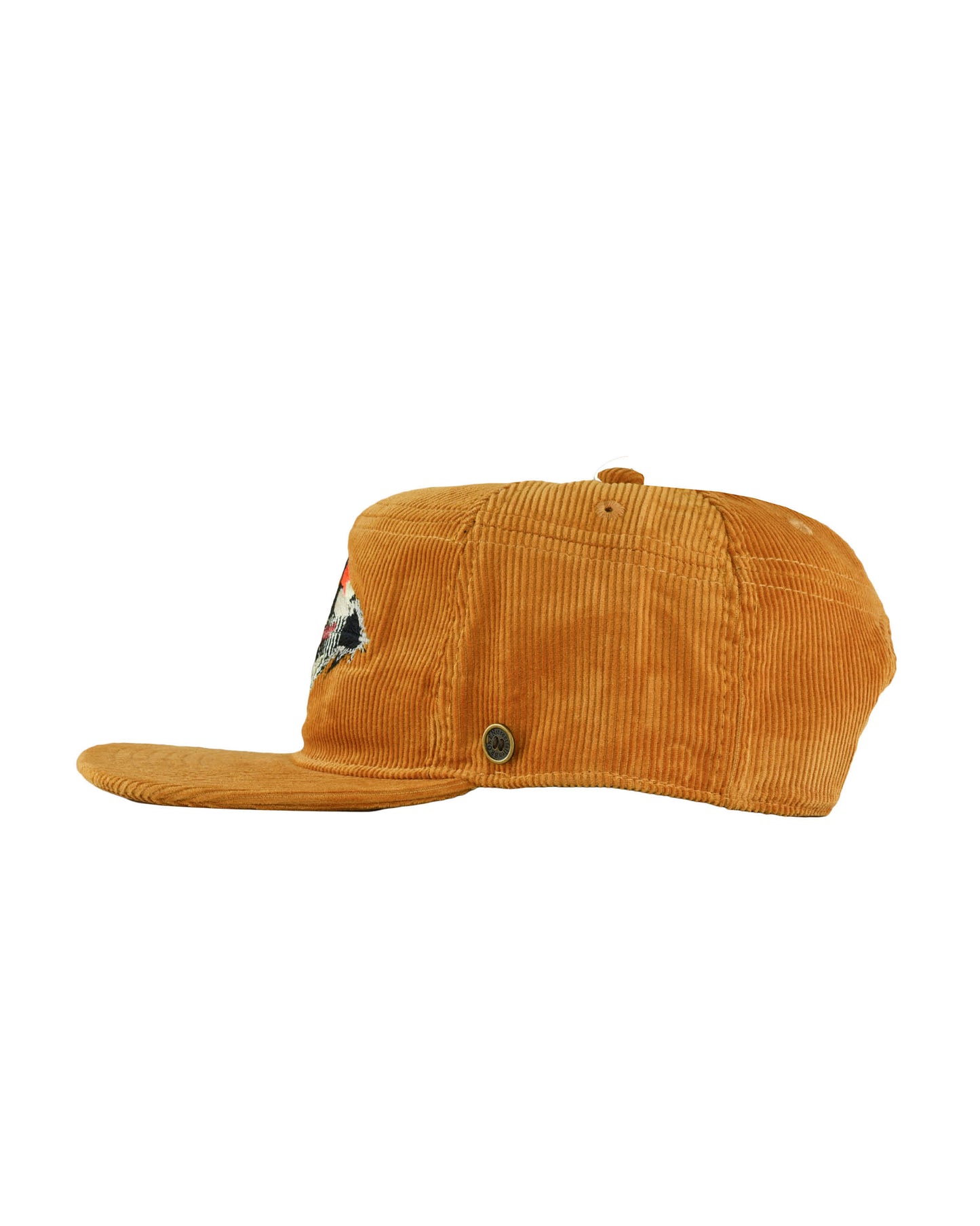 Side view of mustard corduroy stash cap with flat brim and embroidered bird design