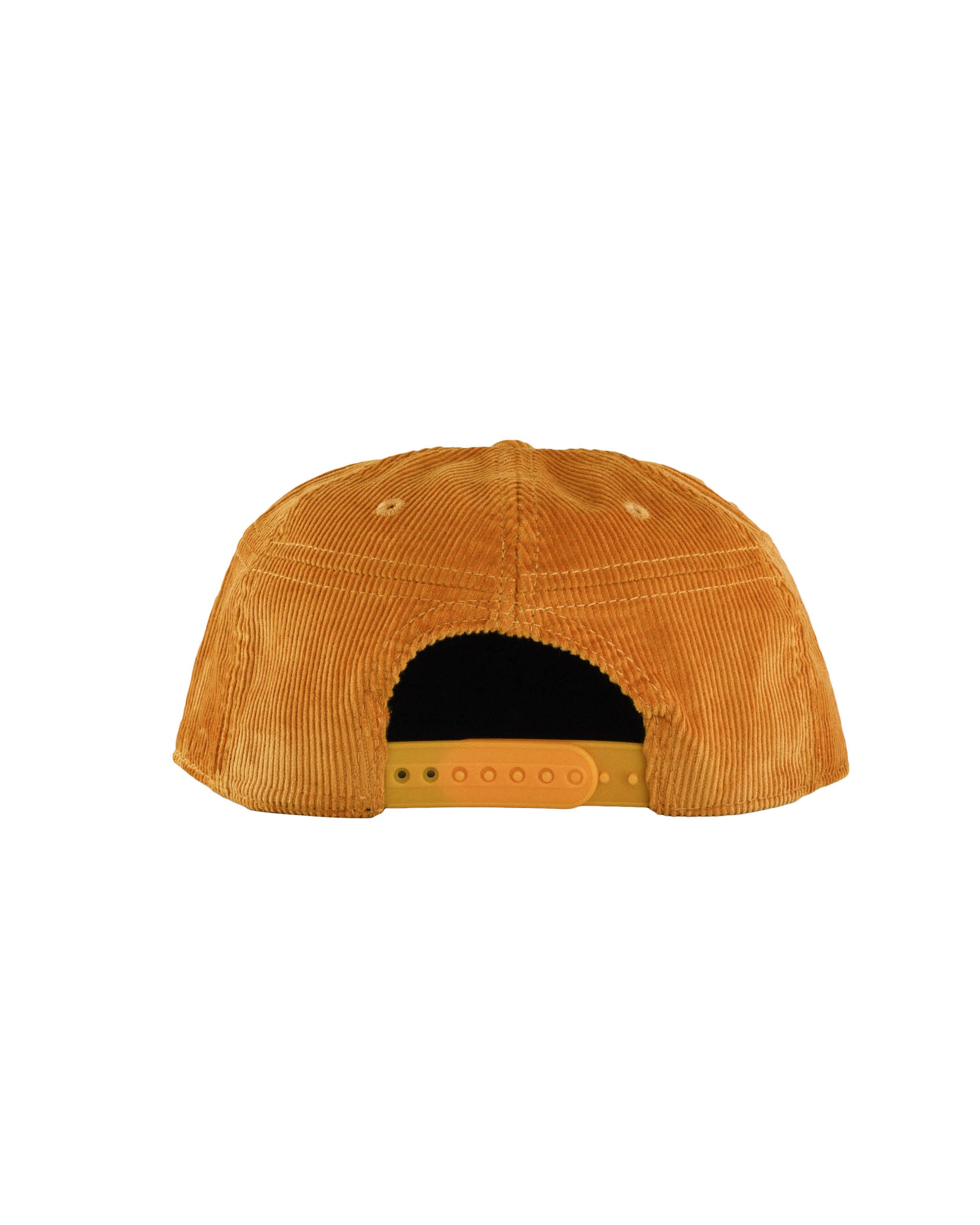 Rear view showing adjustable PUC snap back and mustard corduroy material