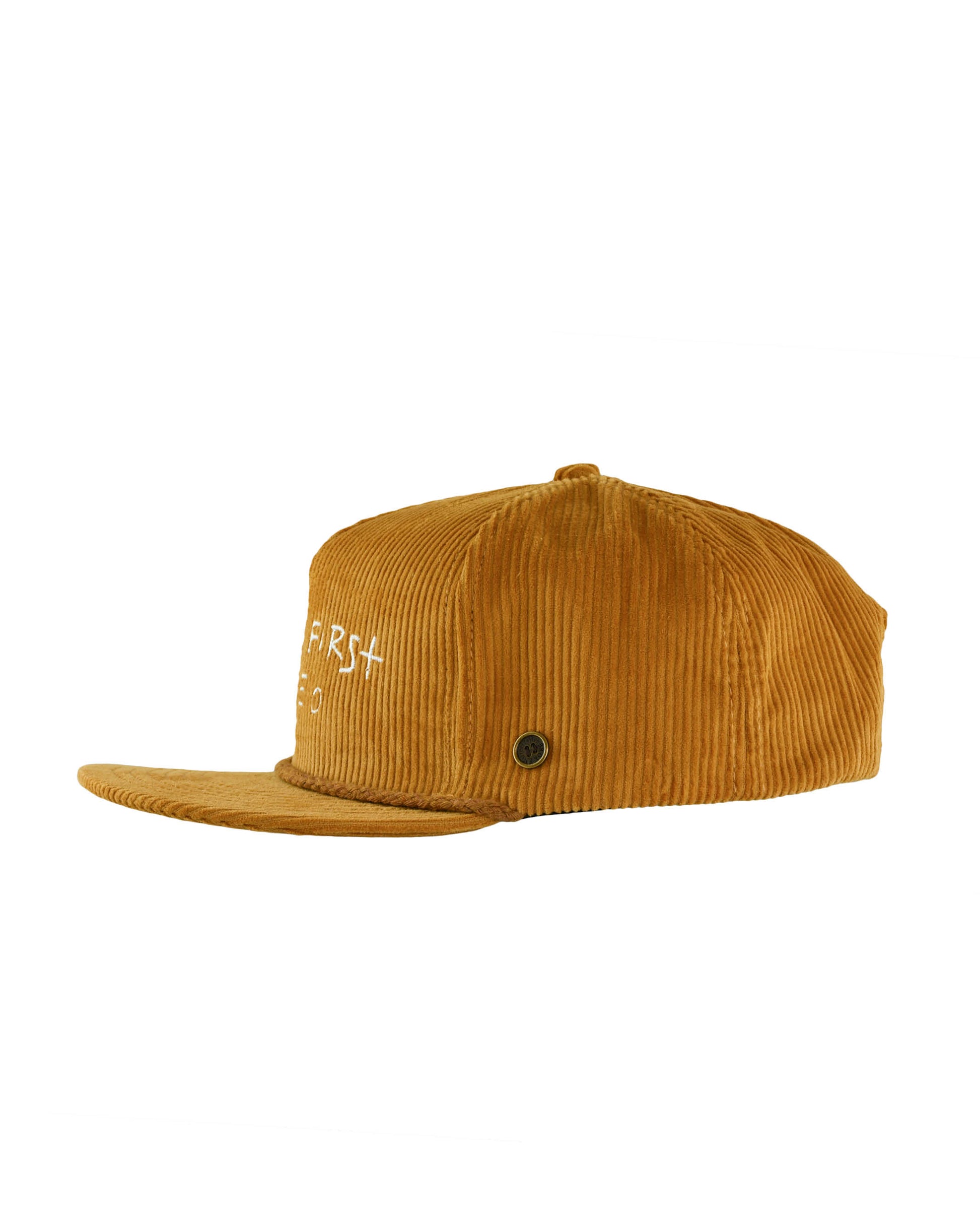 Profile angle showing the embroidered front text and structured flat brim of the mustard corduroy cap.