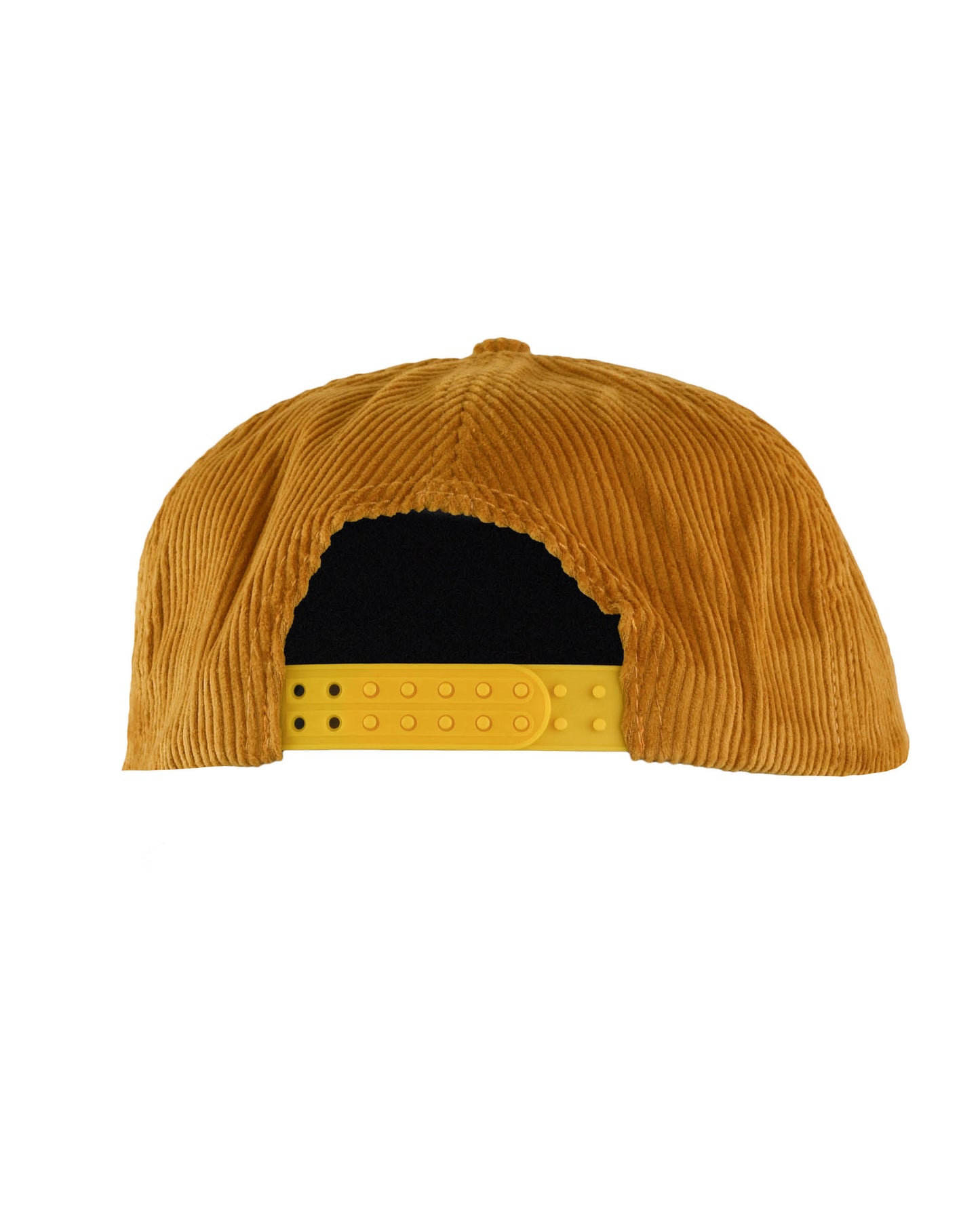 Adjustable yellow PUC snap back closure visible inside the back of the mustard corduroy cap, with black inner lining detail.