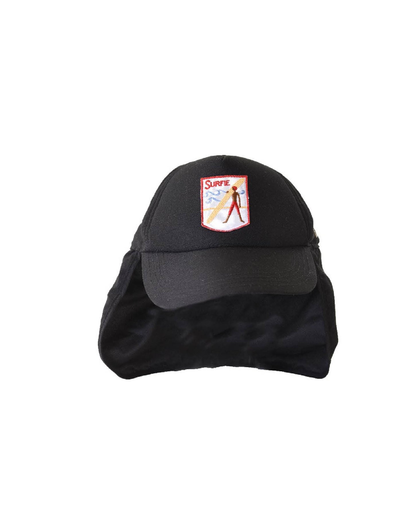Quick dry nylon black cap with neck cape, featuring an embroidered patch on the front and a drawstring to tighten.