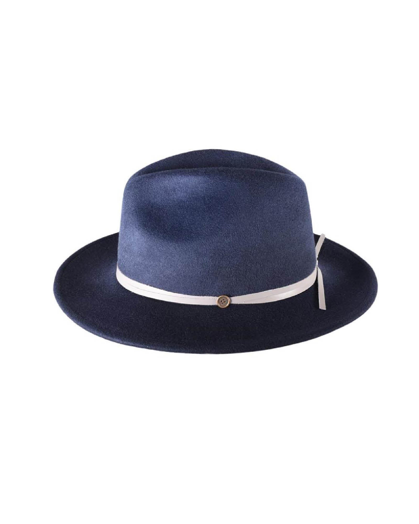 A fallenbrokenstreet navy felt hat with a pinched crown and a grey leather trim tie at the back. It has a mid-brim and is displayed against a white background.