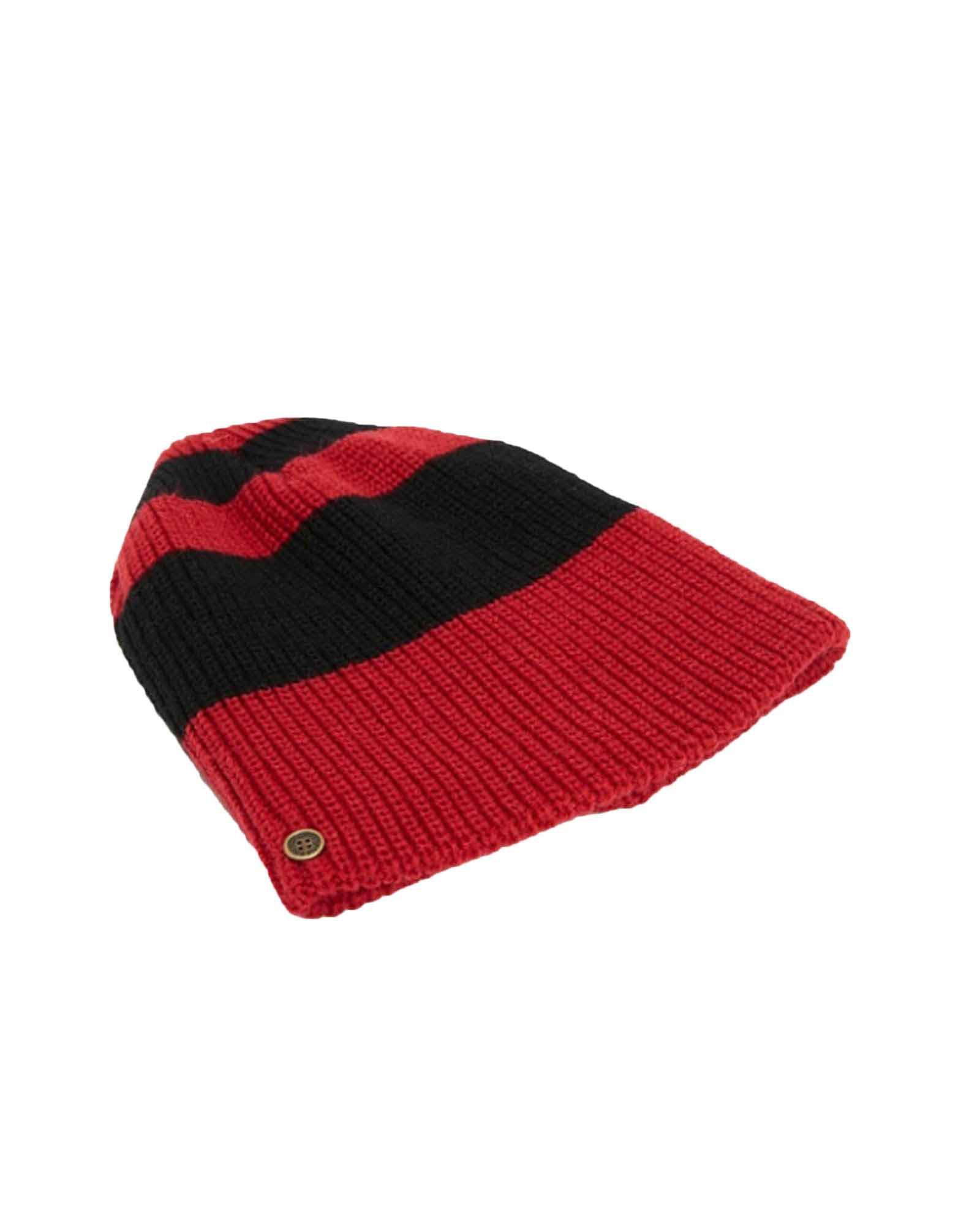 Wally Beanie Red/Black, striped acrylic knit beanie with signature button.