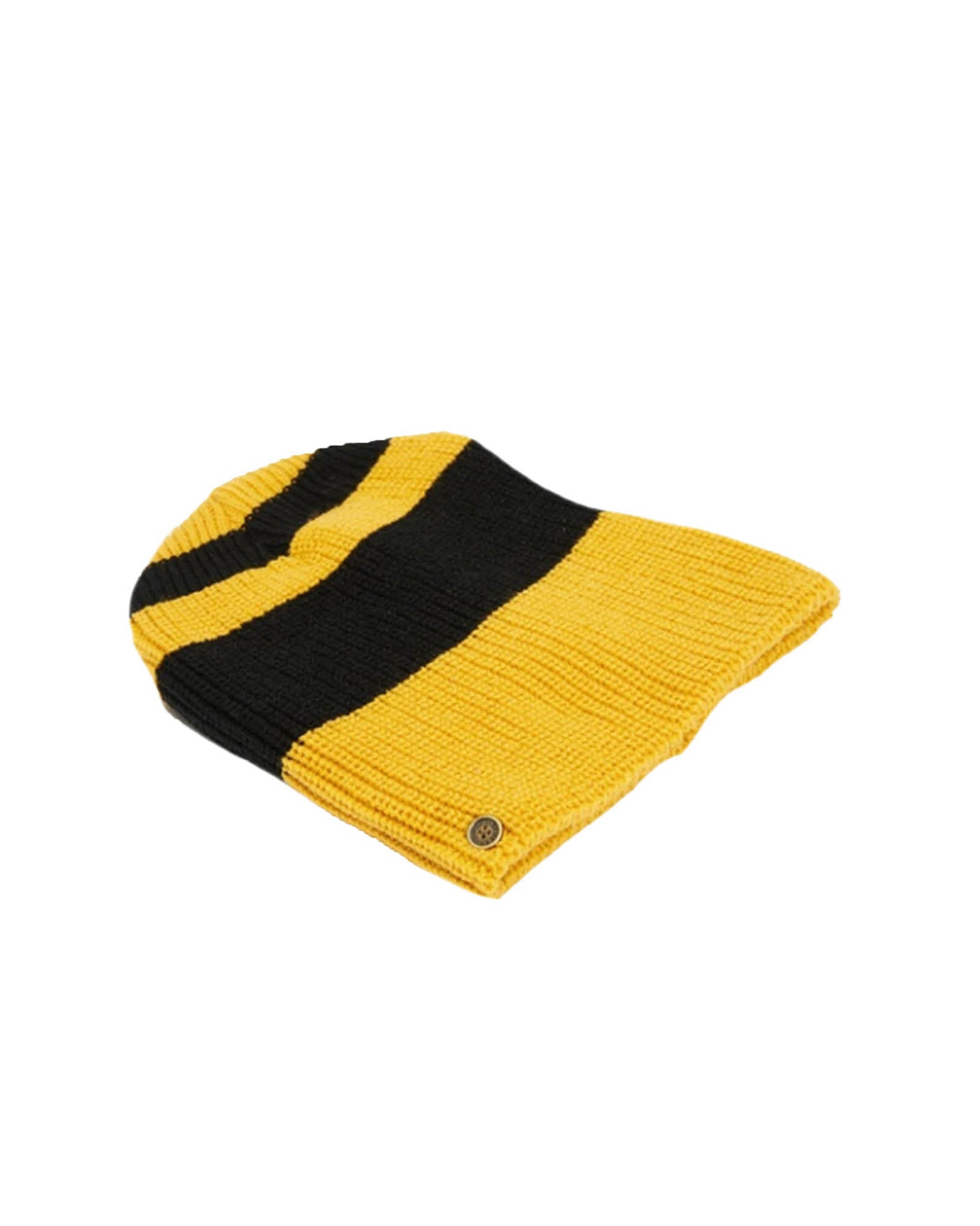 Wally Beanie Yellow/Black, acrylic knit beanie with signature button.