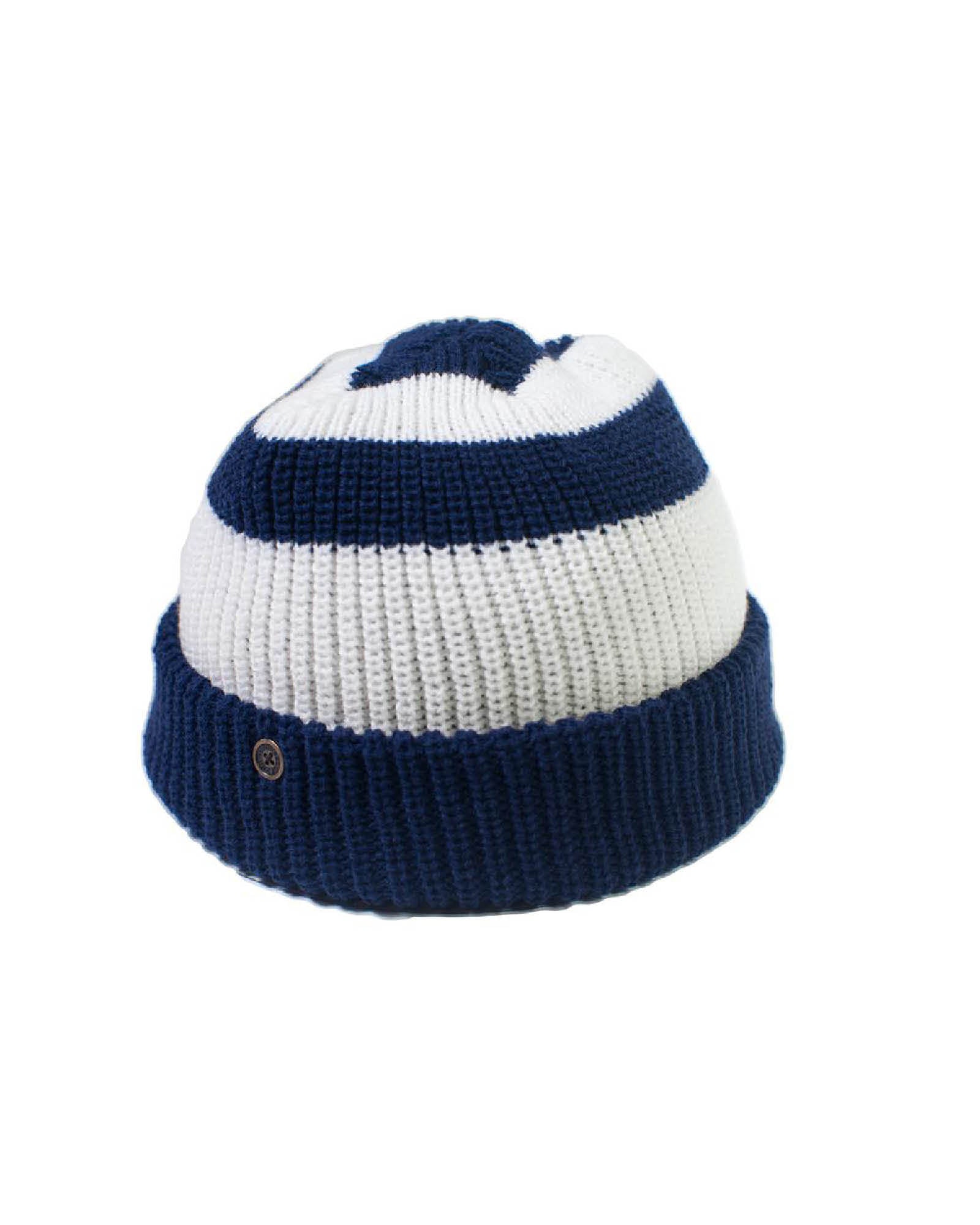 Wally Beanie Blue/White, striped acrylic knit beanie with signature button.