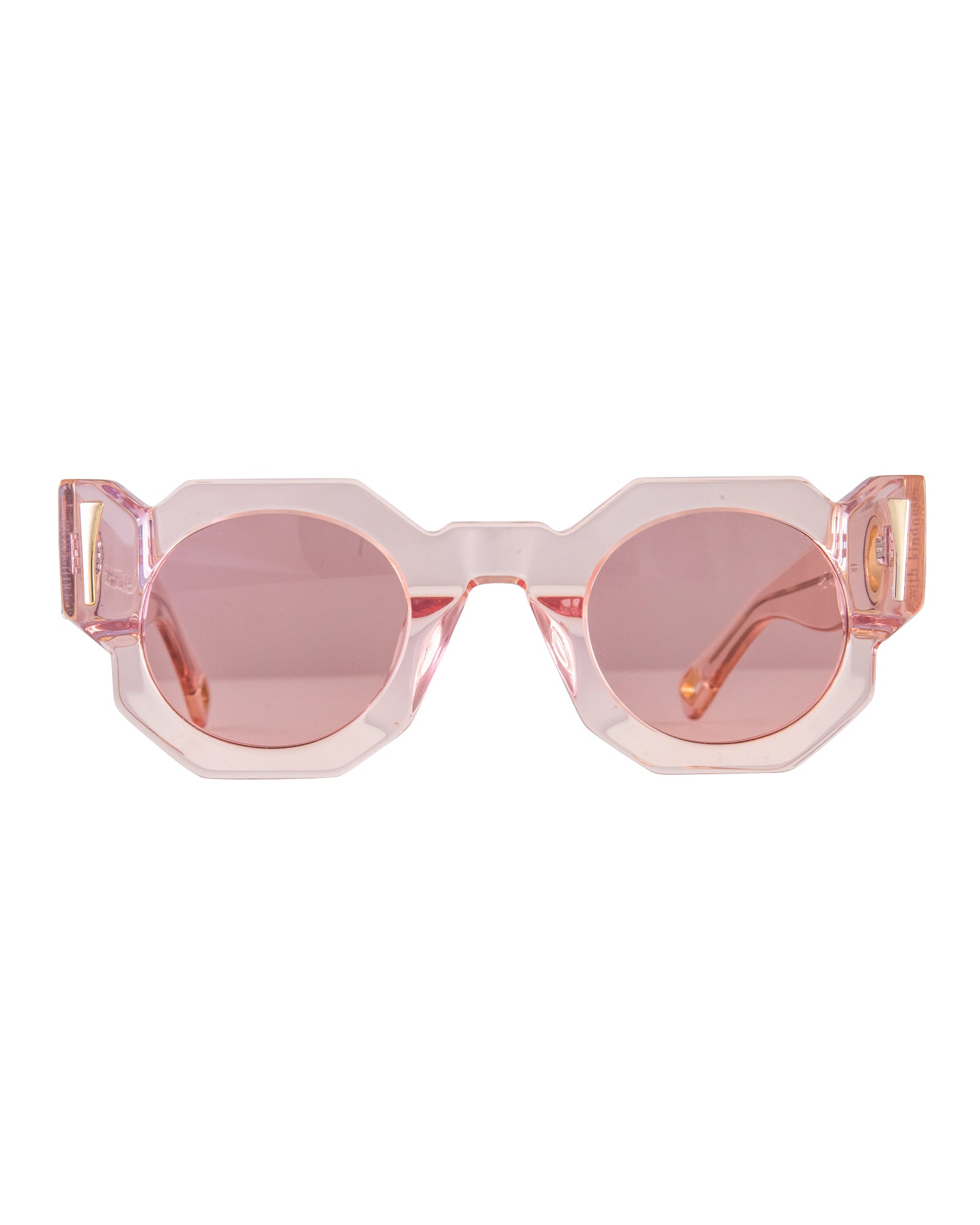 Round full frame sunglasses with pink lenses and pink acetate frame, featuring 24k gold finishings.