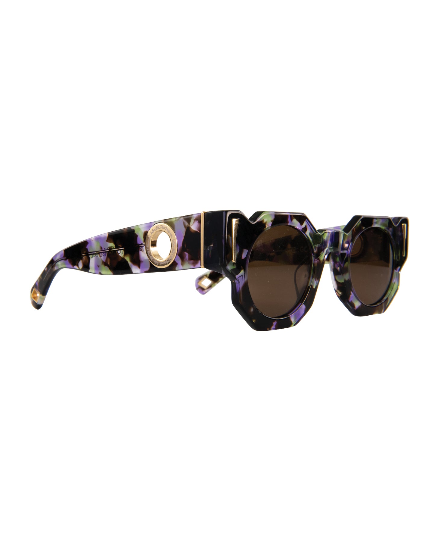 Side profile of The Cosmos sunglasses showcasing the curved acetate arms and gold-finished hardware. Ideal for Shopify product pages to highlight craftsmanship and detail of the frame and chain loops.