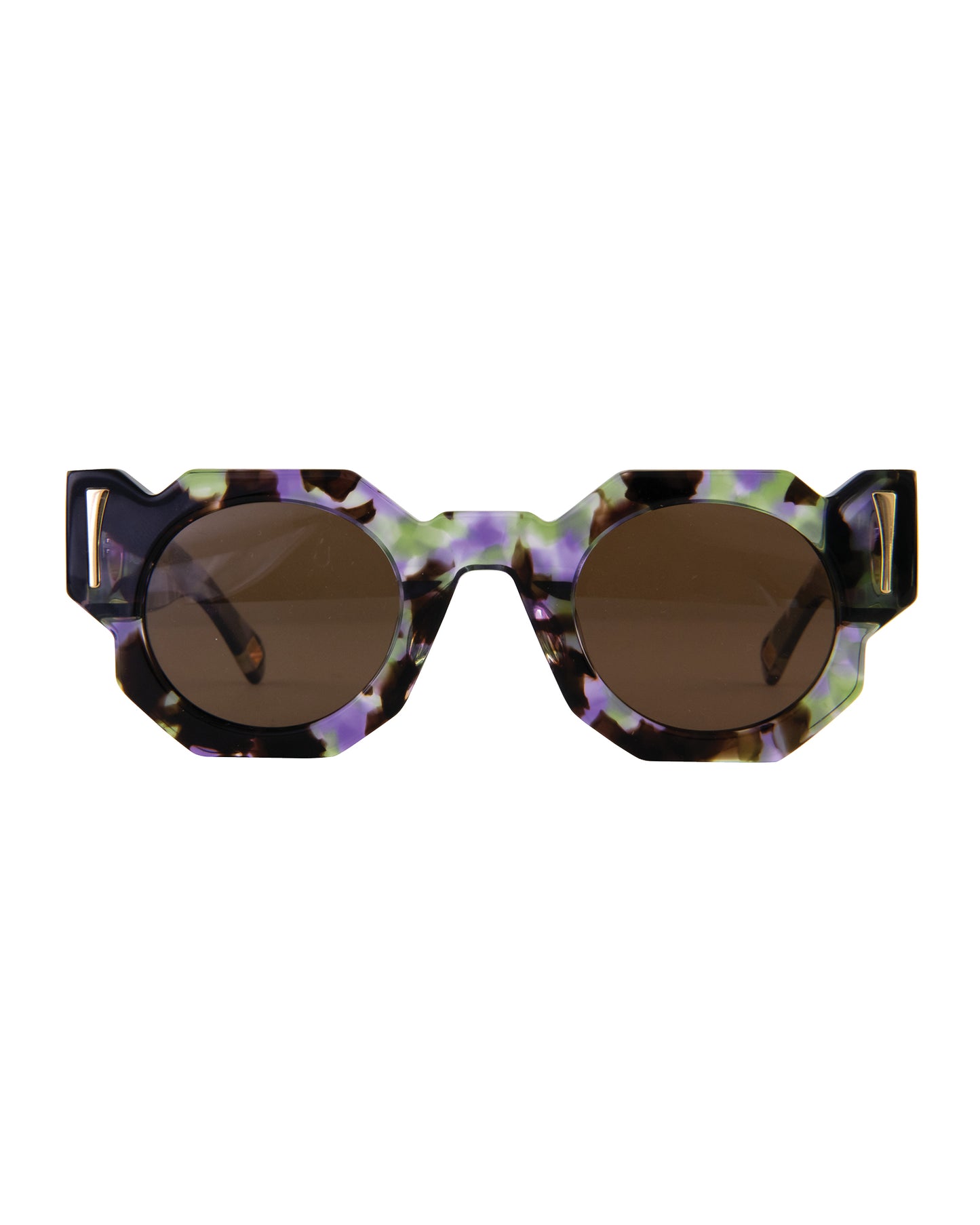 Close-up front view of The Cosmos – Moondust/Amber sunglasses by Fallenbrokenstreet. Features a cosmic acetate frame with soft galactic tones and amber CAT3 lenses. Highlighting the unique octagonal shape and polished gold details on temples. Clean white background for Shopify listing.