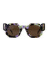 Close-up front view of The Cosmos – Moondust/Amber sunglasses by Fallenbrokenstreet. Features a cosmic acetate frame with soft galactic tones and amber CAT3 lenses. Highlighting the unique octagonal shape and polished gold details on temples. Clean white background for Shopify listing.