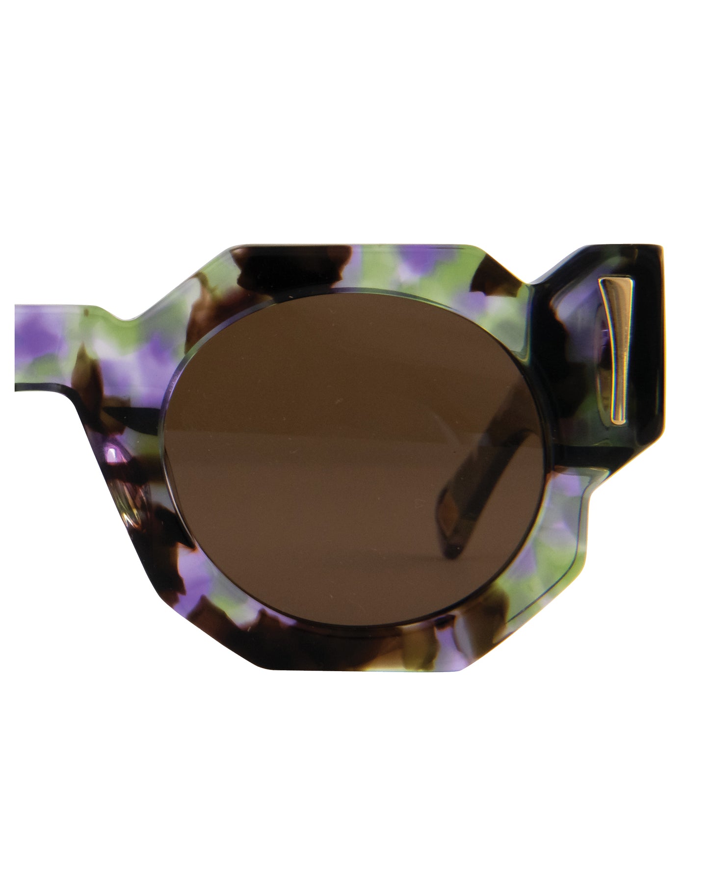 Angled image of The Cosmos sunglasses featuring a moondust acetate frame and amber lenses. Highlights the layered design and sturdy shape of the sunglasses.