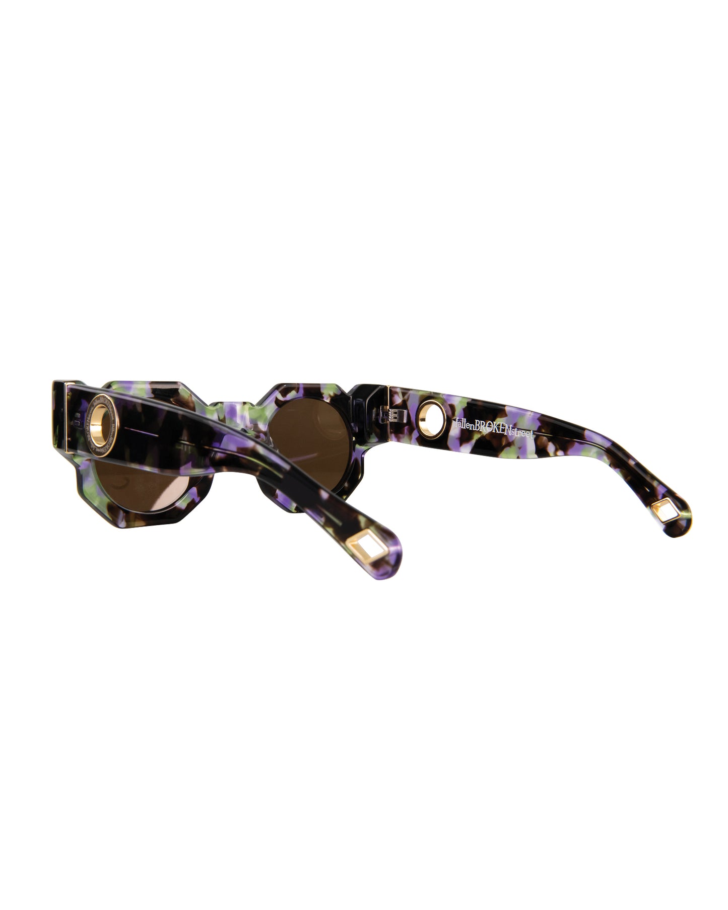 Overhead angled view of the sunglasses focusing on lens curvature, showcasing polarised amber lenses and luxe acetate finish. Useful for displaying lens tint and texture in a Shopify gallery.