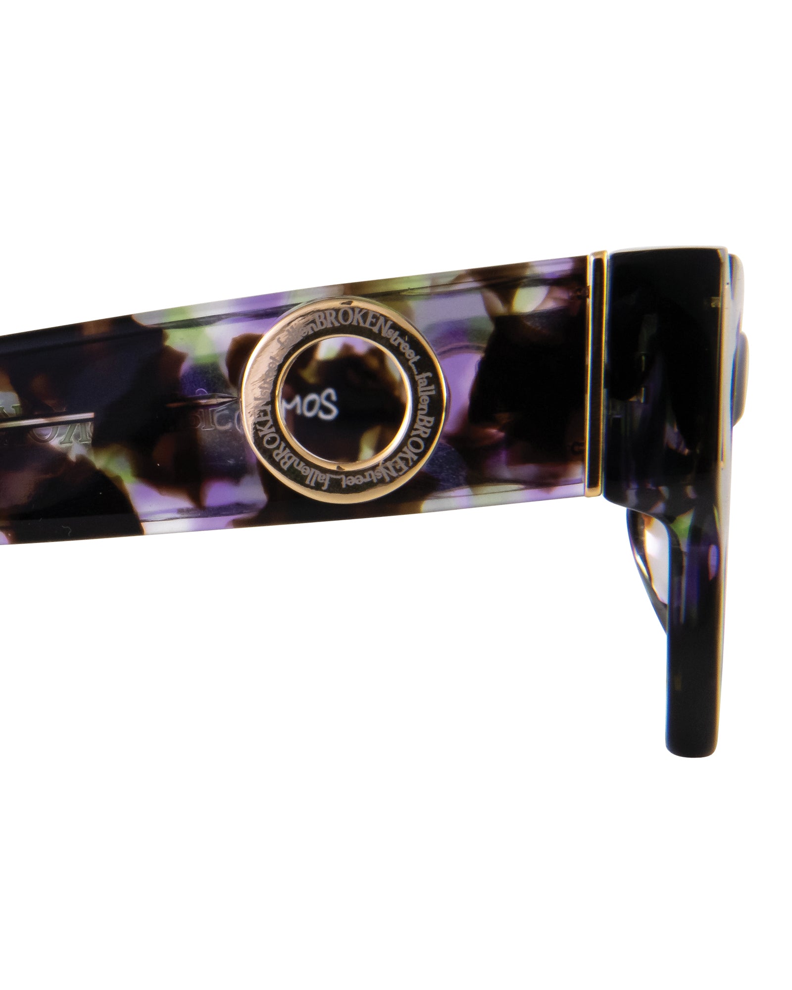 Close-up of sunglasses arm featuring 24k gold-finished circle detail and acetate colorway. Great for SEO optimization focusing on sunglasses gold hardware, fashion eyewear, and unique frame design.