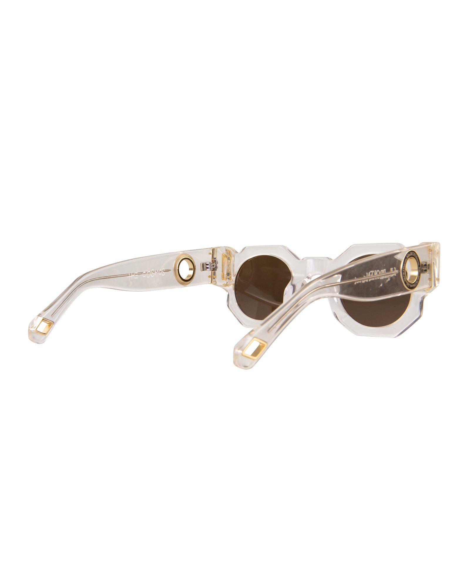 Clean side view showing amber-tinted lenses, translucent arm, and gold-plated detailing of The Cosmos by Fallenbrokenstreet. Optimized to highlight material quality and chain attachment compatibility. A must-have ecommerce angle.