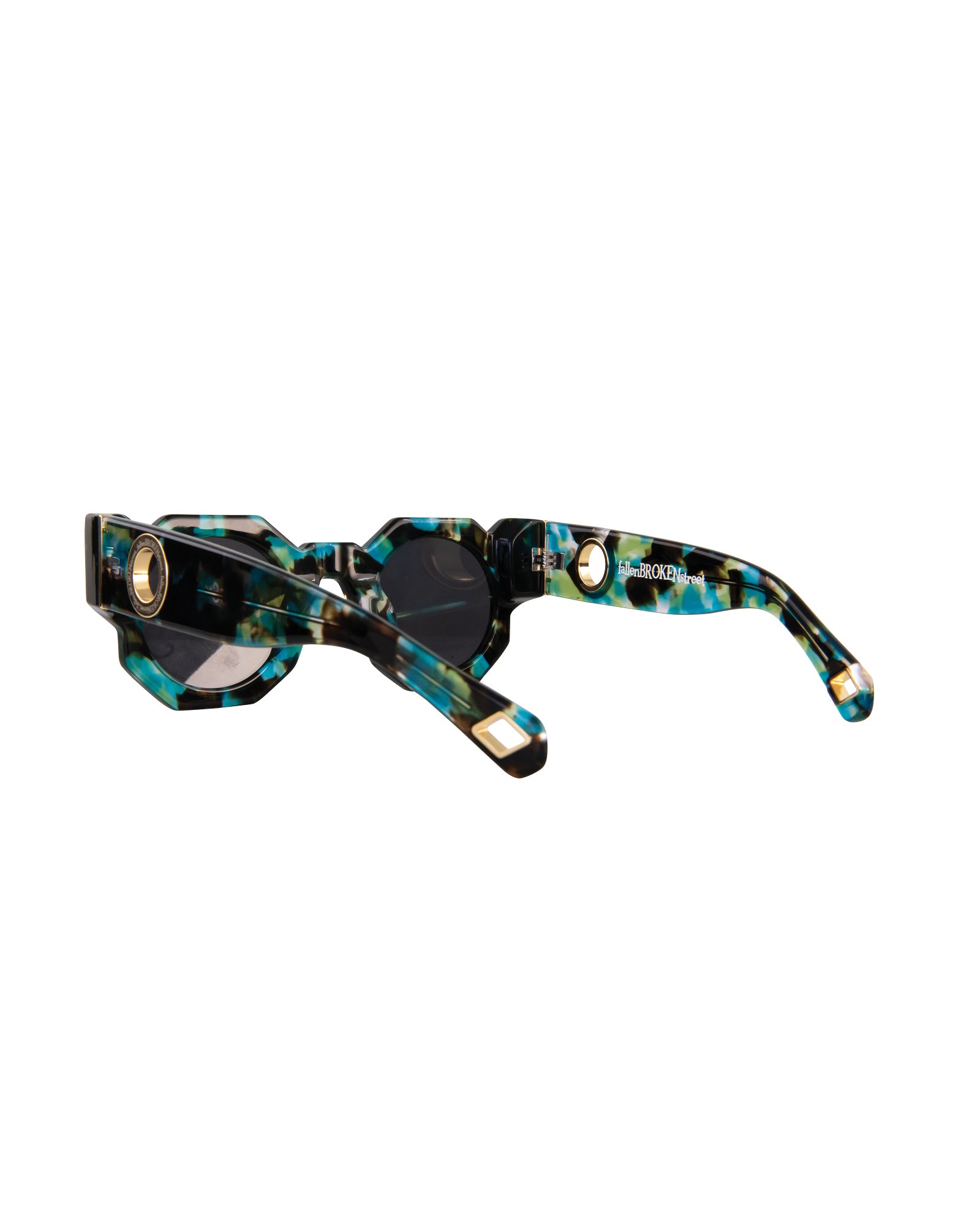 Overhead view of THE COSMOS – Galaxy/Black sunglasses with arms extended, clearly showing front and side details. Showcases overall shape and silhouette of the sunglasses laid flat. Great for scale and structural reference.
