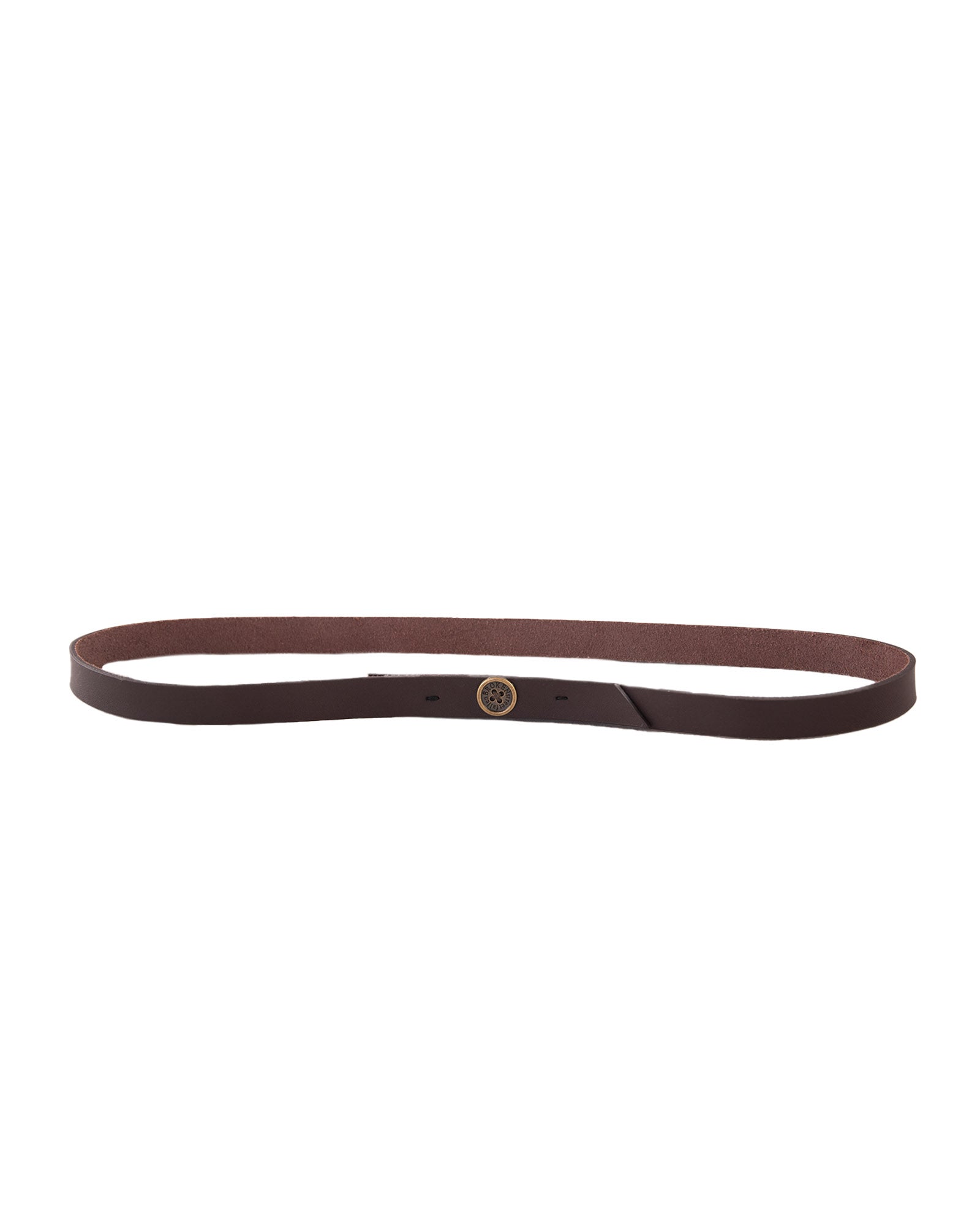 FallenBROKENstreet leather hat band in brown suede with branded brass button, laid flat on white background.