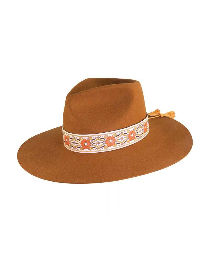 FBS x Nine Lives Bazaar Festival Hat in tan wool felt with retro printed ribbon band – front angled product shot